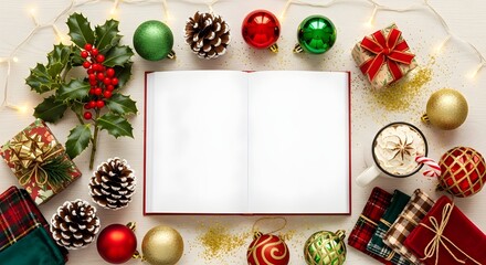 Christmas decorations and blank notebook