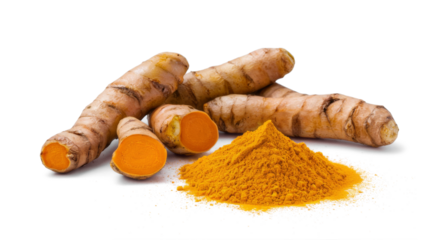 turmeric roots and powder on white background.