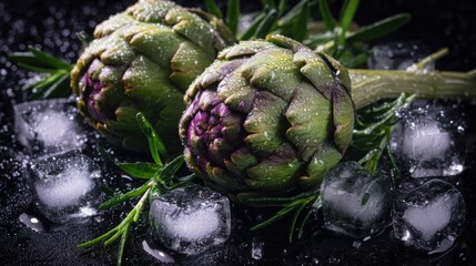 fresh artichokes with dewdrops and ice cubes on dark background, garnished with rosemary, vibrant green colors, detailed close up, freshness