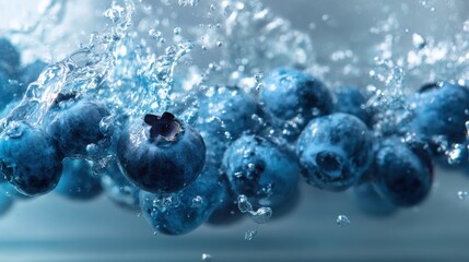 fresh blueberries splashing into crystal blue water, macro high speed photography, vivid contrast, floating droplets, dynamic motion, refreshing