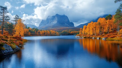 Autumn mountain lake scenic view