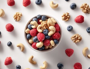 A white bowl filled with raspberries, blueberries, and cashews sits on a white background surrounded by more of the same ingredients arranged in a decorative pattern