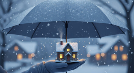 Financial shield for house protection during snowy winter christmas. Insurance concept for secure home and family savings