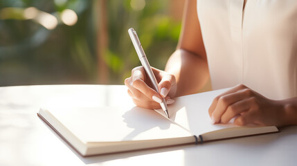 Woman's hands writing notes in an open blank notebook with a silver pen, sitting at a sunlit desk. Concept of planning, journaling, business, studying, and inspiration