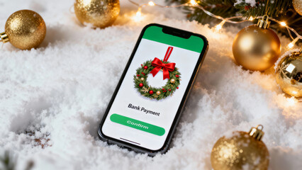 Festive christmas financial concept with smartphone payment shield on snowy white background with gold ornament