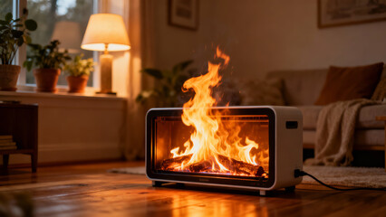 Cozy christmas living room with modern electric heater financial shield against winter cold offering warm comfort