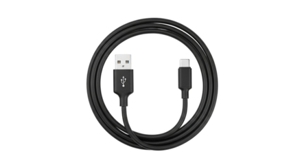 A tangled black usb type a to usb type c charging and data transfer cable isolated on transparent background