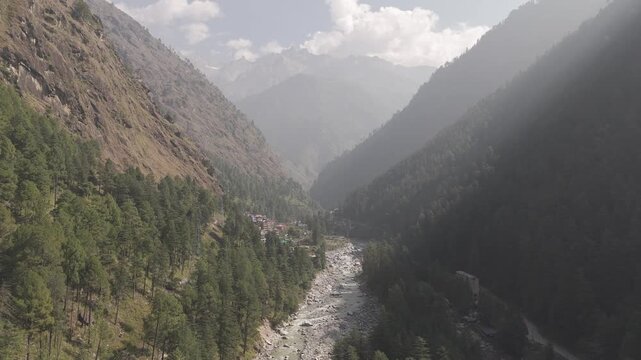 Aerial view of Parvati Valley near Chalal village showing Parvati River, scattered village houses, rocky Himalayan mountains, and dense pine&ndash;deodar forests under a cloudy autumn sky.