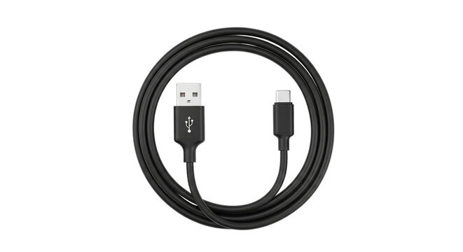 A tangled black usb type a to usb type c charging and data transfer cable isolated on transparent background