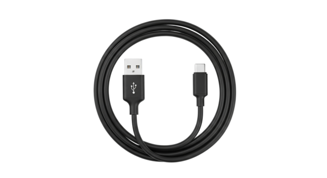 A tangled black usb type a to usb type c charging and data transfer cable isolated on transparent background