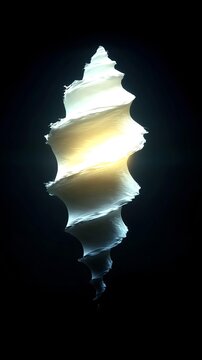 Twisting glowing shell-like spiral formation radiating warm light in the dark isolated on black background