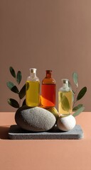 Three glass bottles of essential oils, amber, yellow and light gold, rest on smooth grey stones and a slate base, accented by eucalyptus sprigs against a muted brown backdrop.