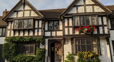 Exterior view of a tudor style house with flowers and ivy on a sunny day time