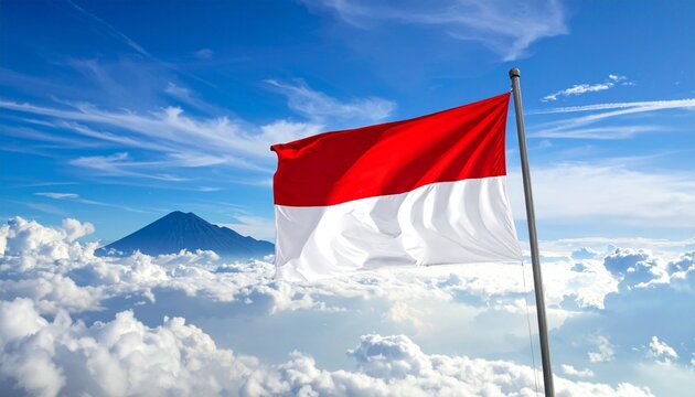 Indonesian Flag Flying Against Blue Sky with Wind Turbines - Powered by Adobe