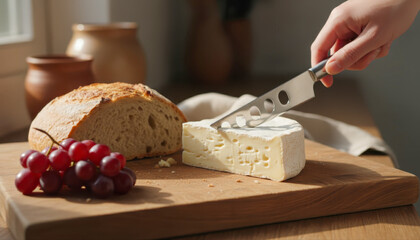 Slicing brie cheese with a cheese knife, served with grapes and bread on a wooden board for a delicious appetizer or snack