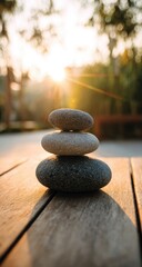 Three smooth, grey stones balanced atop each other on a weathered wooden surface, backlit by a vibrant sunset.  A shallow depth of field blurs the background