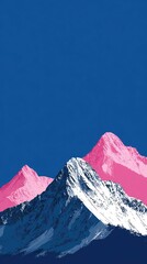 Vibrant pink and blue stylized mountain range against a clear, deep blue sky; minimalist, graphic depiction of snow-capped peaks