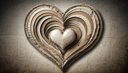 Artistic layered heart sculpture made of paper, with a textured, aged appearance, and a central heart.