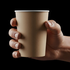 Hand holding a hot coffee cup on a black background