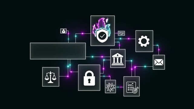 Business and Finance Network Diagram with Icons and Glowing Connections on Black Background flowchart