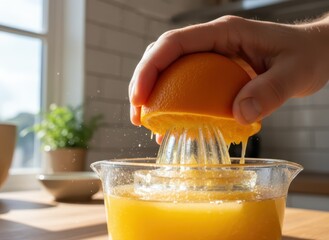 Closeup of a hand squeezing a fresh orange half onto a glass juicer, producing vibrant orange juice into a clear container