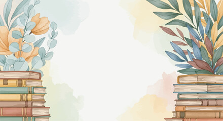 Pastel watercolor background illustration with stacked books, floral elements, and blank copy space