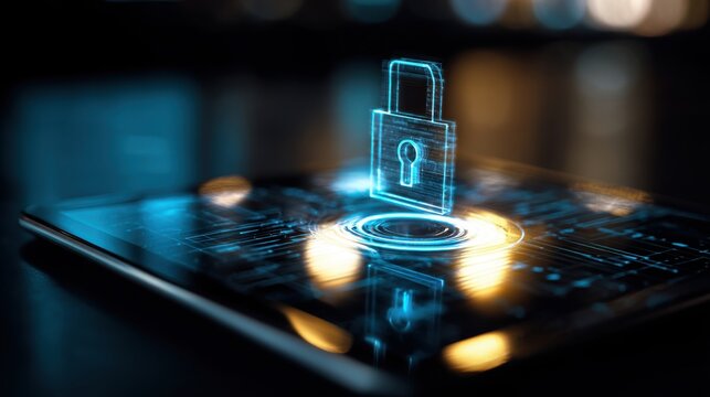 futuristic holographic padlock floating above a tablet, glowing neon blue circuits reflected on surface, close up, dark blurred background - Powered by Adobe