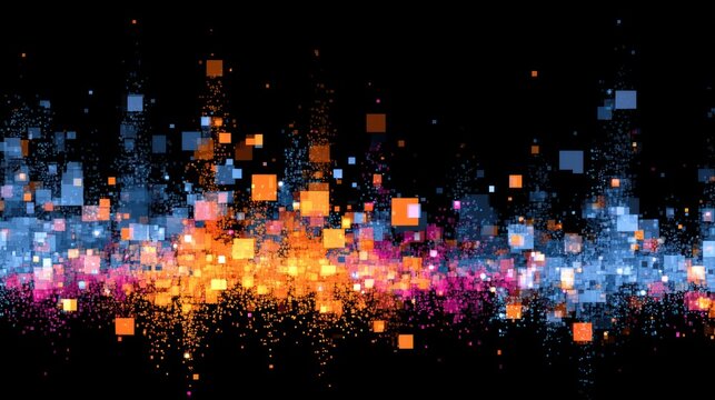 A vibrant display of squares in a gradient of orange, blue, and pink, against a dark backdrop, creating a dynamic abstract design. - Powered by Adobe