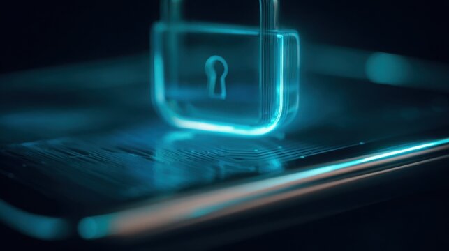 futuristic holographic padlock floating above a tablet, glowing neon blue circuits reflected on surface, close up, dark blurred background