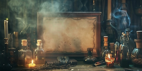Mysterious alchemist's table with bubbling potions and ancient scroll