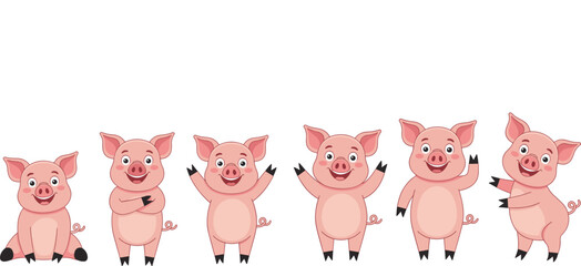Cute Cartoon Pink Pigs Vector Illustration Set, Happy Farm Animal Characters in Various Poses