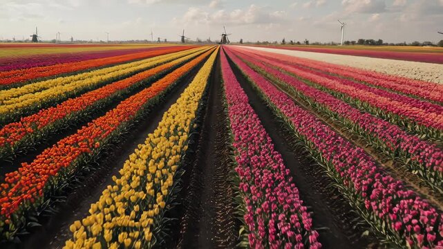 Expansive fields of vibrant, colorful tulips stretch towards a horizon dotted with traditional windmills and modern turbines
