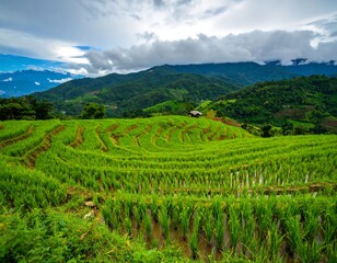 Fototapeta premium Scenic view of lush rice terraces and rolling hills