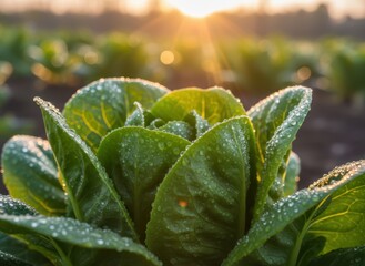 Closeup of a vibrant green romaine lettuce head with water droplets glistening in the morning sun in a farm field