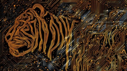 Futuristic tiger stripe pattern integrated with circuit board design, glowing amber and steel tones, seamless uniform surface, digital energy lines