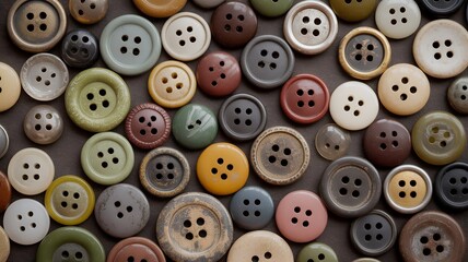 Vintage sewing buttons in earthy assorted colors forming a rustic background
