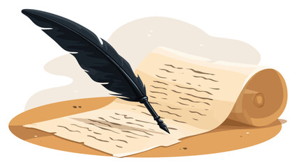 Vintage black feather quill pen on aged, rolled parchment scroll. Concept of writing, literature, history, education, storytelling, and communication.