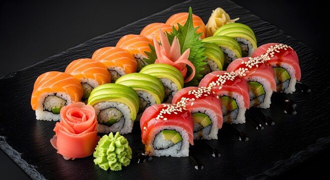 A colorful assortment of sushi rolls including salmon, tuna, avocado, and vegetables served on a black slate plate