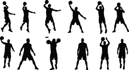 Silhouette of basketball players performing dynamic moves, throwing, catching, jumping, shooting ball, training, sports action illustration, fitness and motion concept