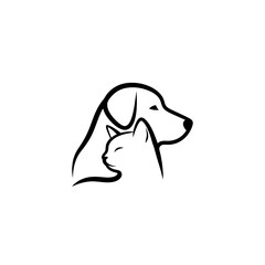 Minimalist line art illustration of a dog and cat in profile, symbolizing pet companionship and veterinary services.