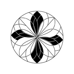 Black and white circular geometric design featuring a symmetrical floral or star pattern on a white background.