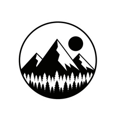 A minimalist black and white circular graphic depicting mountains with snow, a pine forest, and the sun.
