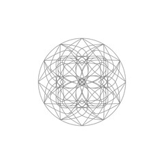 Intricate geometric mandala pattern with overlapping lines and curves creating a symmetrical design.