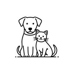 A simple line drawing of a dog and a cat sitting together, side by side.