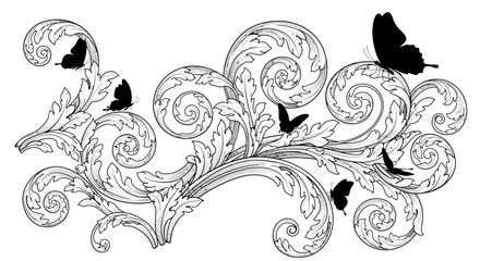 Elegant black and white illustration of ornate acanthus scrolls and swirling leaves with several black butterfly silhouettes.