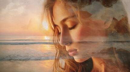 gentle woman s with soft makeup and long flowing hair blending into sunset ocean waves, golden and peach tones, calm sea breeze, poetic dreamy