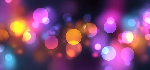 Abstract bokeh background with vibrant, out-of-focus circles in pink, purple, orange, and blue hues against a dark backdrop