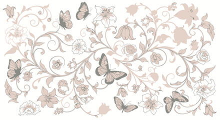 Elegant floral illustration featuring butterflies, flowers, and intricate swirling vines in a soft, muted color palette.