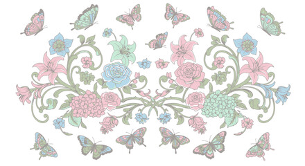 Floral arrangement with roses, lilies, and butterflies in pastel colors, symmetrical design on a white background.