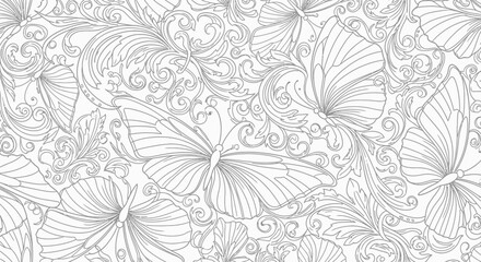 Elegant seamless pattern of intricate line art butterflies and swirling floral filigree on a white background.